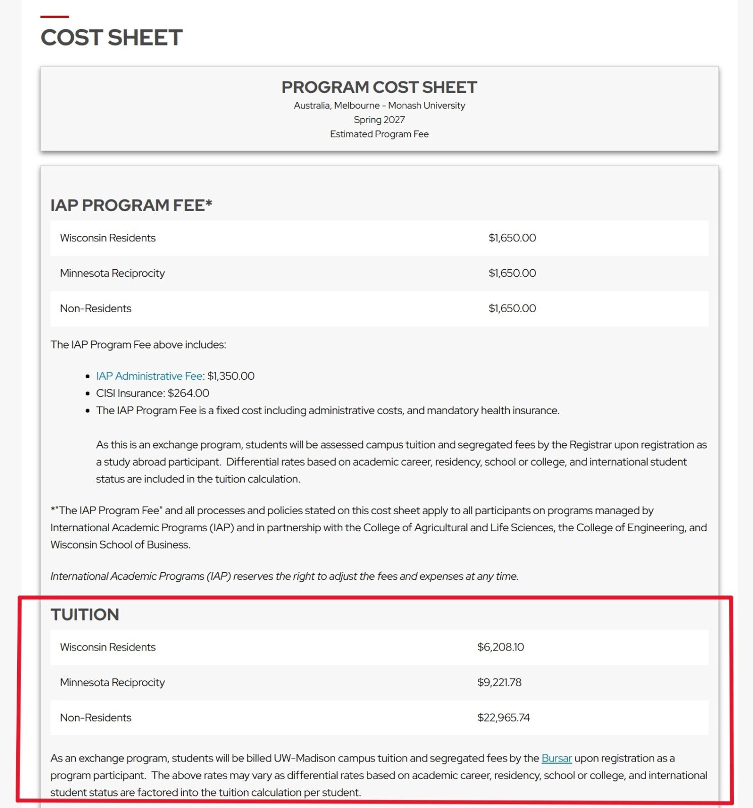 A screenshot of a study abroad program cost sheet with a red box surrounding the Tuition section.